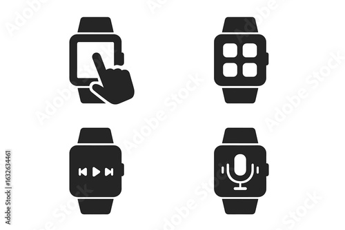 Smartwatch Interface Icons Set. Solid Black Wearable Technology Symbols for Touchscreen Control, App Grid Menu, Media Playback Buttons, Voice Command Microphone. Modern Digital Device UI Elements.