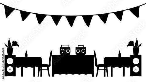 Silhouette of party scene with tables chairs speakers boomboxes flowers bottles and hanging pennant banner