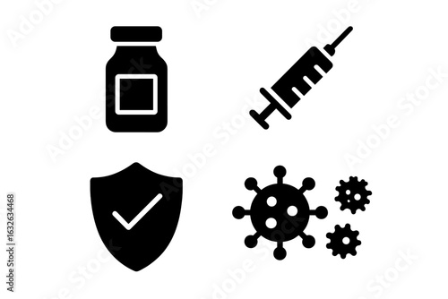 Solid filled vaccination icon set with vaccine vial, syringe, shield, immune cells, and virus symbols, vector illustration of immunization, protection, health, and medical concepts