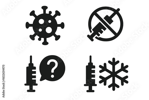 Vaccination challenges icon vector set. Solid filled medical symbols of virus, vaccine refusal, misinformation about vaccination, cold chain logistics. Immunization obstacles isolated illustrations.
