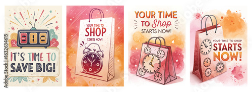 Set of four posters with vibrant shopping sale banners featuring clocks and motivational messages