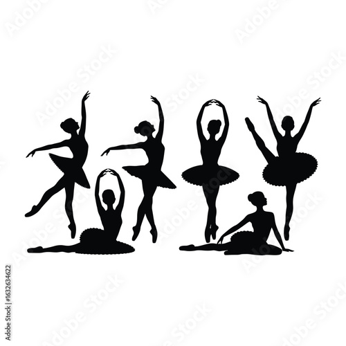 Silhouette lady ballet techniques choreography, Ballerina training performance. Ballet pirouette dance pointe silhouettes, Set of ballerina Silhouette.