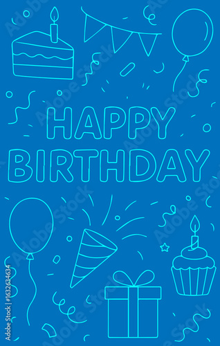 Fun birthday card with festive doodles and blue background