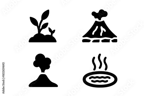 Volcanic Ecology Vector Icons Set. Solid Filled Illustrations of Pioneer Plants, Erupting Volcano, Lava Field, Geothermal Vent, Boiling Hot Spring. Environmental Science and Nature Concepts