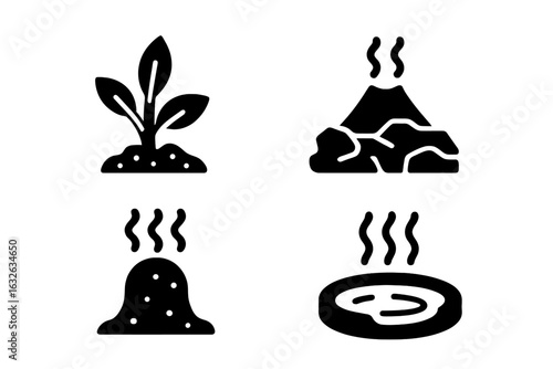 Volcanic ecology icons set. Solid vector symbols of pioneer plants, lava field, geothermal vent, hot spring. Volcanic ecosystem, thermal feature, geological process, volcanic landscape illustration.
