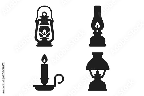 Vintage light fixture icons set. Retro solid filled silhouettes of oil lantern, kerosene lamp, candle holder, and antique gas lamp. Classic home lighting vector symbols, black isolated collection