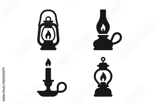 Vintage lantern and candle icon set. Retro oil lanterns, kerosene lamps, traditional candle holders, and antique gas light silhouettes. Classic lighting symbols. Black vector illustrations isolated.