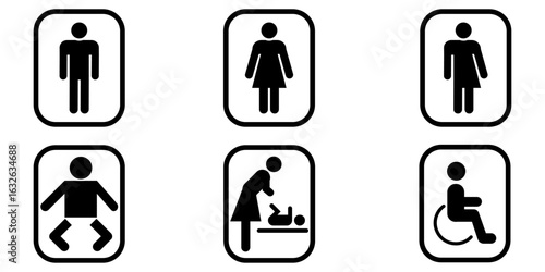 washroom signs. printable sticker of toilet symbol with man woman wc baby icons. vector illustration
