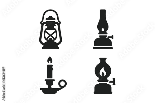 Vintage light source icons set. Classic oil lantern, old kerosene lamp, antique candle holder, Victorian kerosene gas lamp. Retro illumination symbols. Historic lighting vector illustration isolated.