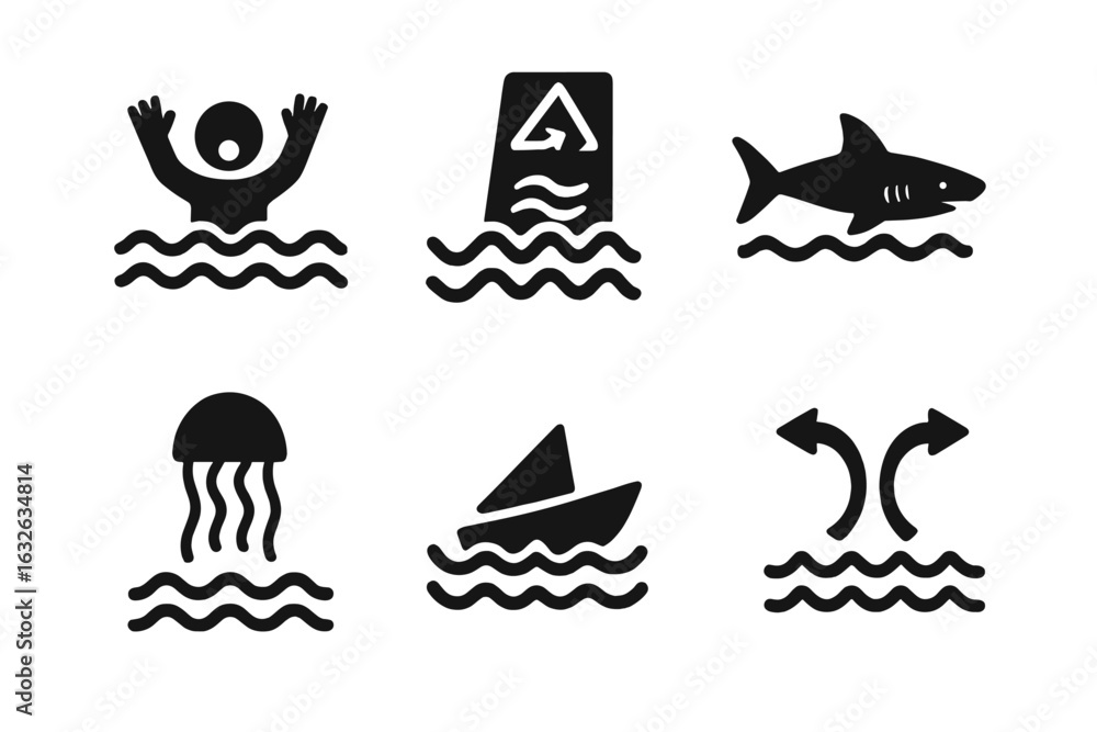 Fototapeta premium Water Safety Hazard Icons Set. Solid Black Vector Symbols for Drowning, Dangerous Currents, Shark, Jellyfish, Boat Capsizing, Rip Tide, Swimming Safety, Ocean Warnings, Beach Danger Signs