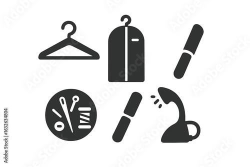 Wedding Fashion Essentials Icon Set. Solid Vector Illustrations of Clothing Hanger, Garment Bag, Sewing Kit, Lint Roller, Steamer. Bridal Dress Care and Tailoring Tools for Designers and Shops