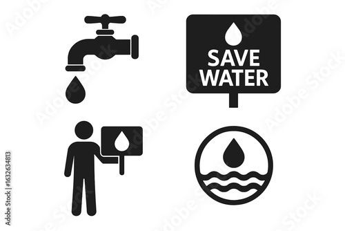 Water conservation icons set. Solid filled vector symbols for public water conservation awareness, save water campaign, school faucet, drop, sign, environment, sustainability, protection, resource.