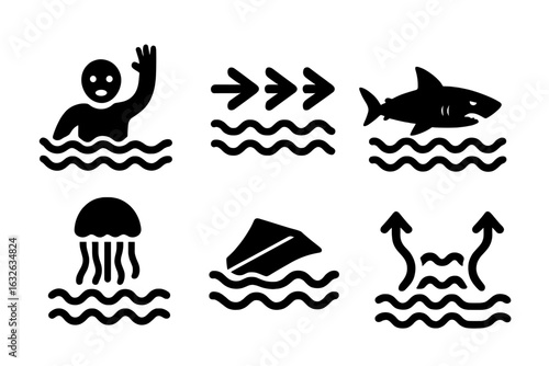Water Hazard Icons Set. Drowning swimmer, rip current, strong waves, shark attack, jellyfish danger, capsized boat, water safety warnings. Ocean, sea, and beach vector symbols. Black solid silhouette