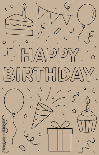 Minimalist birthday card with beige background and black festive outline drawings