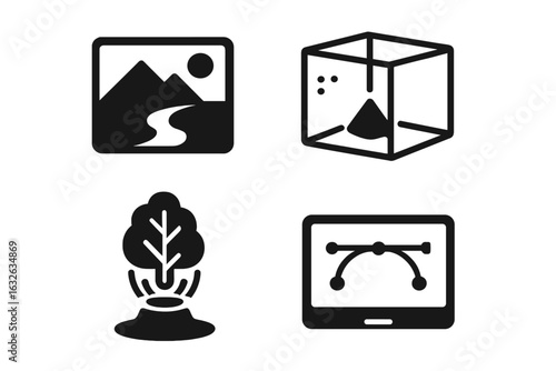 Virtual environments icons set. Solid black vector filled icons collection. Digital landscape, 3D virtual space, augmented reality, hologram tree, virtual display, creative graphic interface.