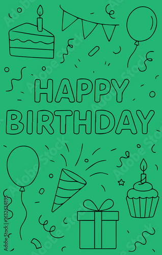 Fun birthday card with festive doodles and green background