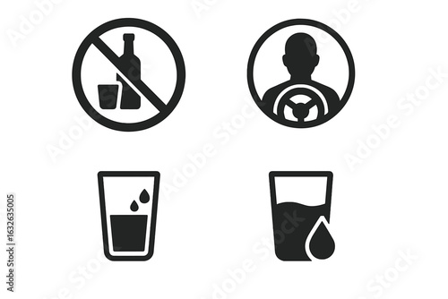 Alcohol Safety and Hydration Icon Set. No Alcohol Sign, Designated Driver Symbol, Water Glass Hydration, Solid Black Filled Pictogram Collection for Health, Drinking, Road Safety, Vector Illustration