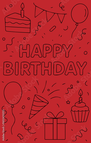 Fun birthday card with festive doodles and red background