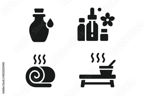 Body Wellness Routine Icons Set. Solid filled spa symbols of massage oil bottle, essential oils dropper, aromatherapy, hot towel, sauna bench, steam bath. Vector health and relaxation illustration