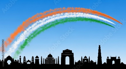 Composite skyline of Indian monuments with a tricolor flag smoke trail from an airshow.