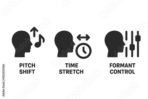 Voice modulation icons set. Pitch shift, time stretch, formant control. Audio technology, sound editing tools, vocal effects, music production, DJ, podcast, equalizer, vector illustration.