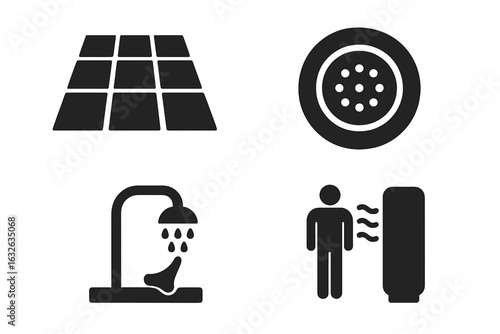 Wet zone locker room facility icons set. Solid vector illustration of tiled floor, shower drain cover, foot wash station, automatic body dryer. Modern gym, pool, spa hygiene equipment pictograms.