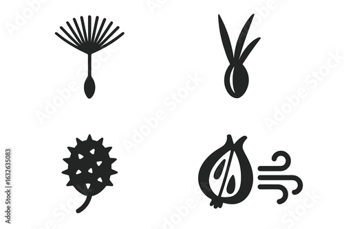 Solid Weed Seed Icons Set. Filled Dandelion Seed, Grass Seed, Burr Seed, Fluffy Seed, Pod Burst, Wind Dispersion. Botanical Vector Symbols. Natural Plant Propagation Elements Isolated on White