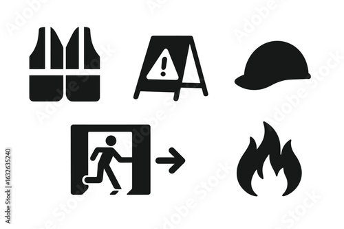 Warehouse safety icons set. Safety vest, caution sign, hard hat, emergency exit, fire symbol. Workplace hazard prevention. Industrial safety equipment. Emergency evacuation, fire risk warning vector.