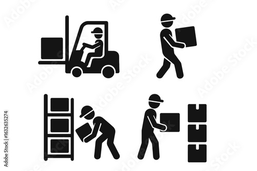 Warehouse Worker Icons Vector Set. Industrial Labor Pictograms. Forklift Operator, Manual Handling, Lifting Boxes, Stacking Shelves. Logistics, Distribution, Storage, Freight, Safety, Shipping Symbols