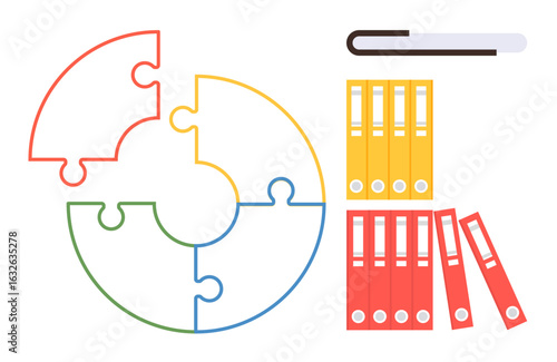 Circular puzzle with four colorful pieces and stacks of yellow and red file binders. Black pen on top. Ideal for organization, teamwork, data, workflow, planning, documentation collaboration. Simple