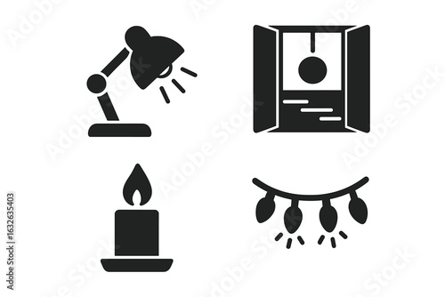 Desk Lighting Icon Set. Modern Work Space Illumination Symbols. Desk Lamp, Candle Flame, Natural Sunlight Window, String Fairy Lights. Home Office, Study Room, Cozy Interior Elements Vector