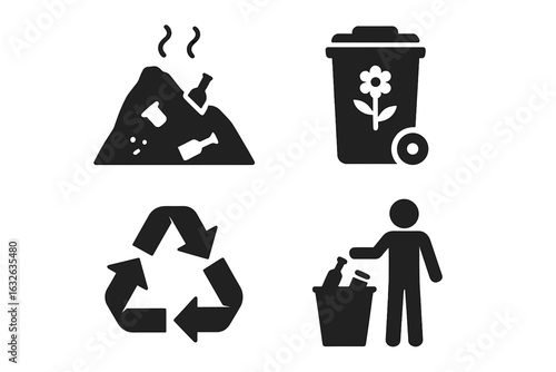 Waste management icons set with solid filled landfill, compost bin, recycling arrows, and waste segregation symbols, eco-friendly vector illustration on transparent background