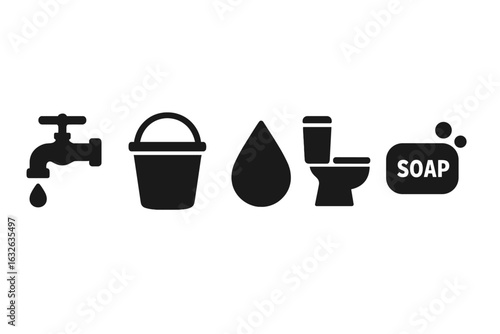 Water and Sanitation Aid Vector Icons Set. Solid Filled Style Water Tap, Bucket, Droplet, Toilet, Soap Bar. Cleanliness, Hygiene, Public Health, WASH, Clean Water, Sanitary Facilities, Vector Clipart