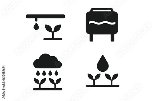 Water conservation farming icons set. Solid filled vector symbols of drip irrigation, water tank, rainwater harvesting, sustainable agriculture, eco-friendly farming, irrigation system illustration