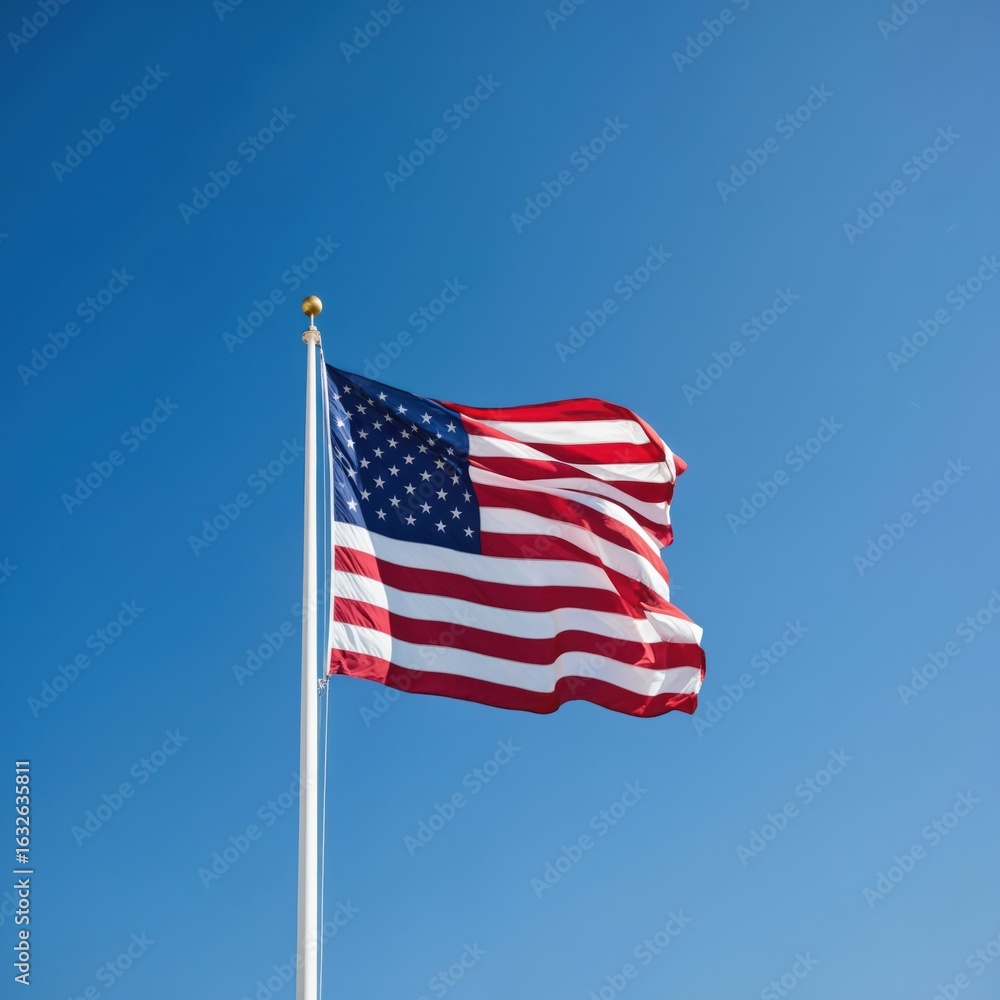 Naklejka premium American flag waving high against clear blue sky. Flag on white pole flies proud with red, white, and blue stripes. Symbol of US, American nation, freedom, independence.