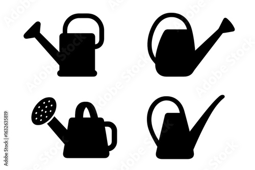 Solid Watering Can Icon Set. Vector illustration of classic and modern watering can silhouettes, garden tools, minimal black watering cans, accessory collection for gardening and horticulture design.