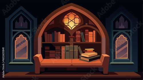 A gothicstyle reading nook with a carved wooden bench and shelves lined with leatherbound books.