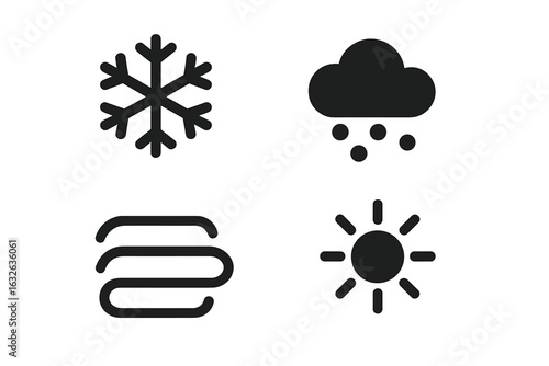 Weather symbols vector set, solid filled icons for environmental forecast. Snowflake, blizzard, fog, sunshine, weather conditions, atmospheric elements, climate change, meteorology illustration.