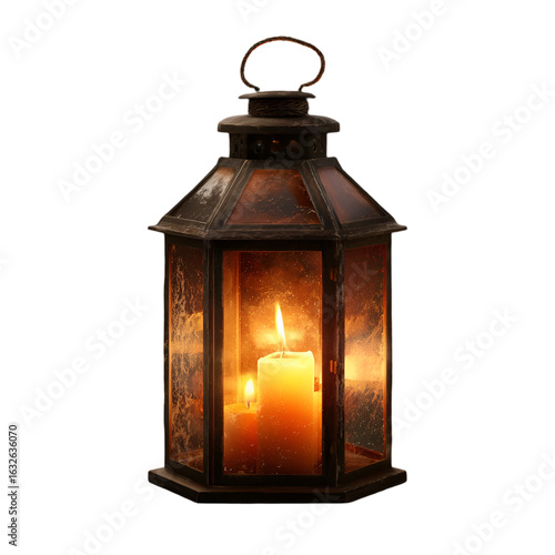 Antique metal lantern with glowing candle inside illuminated warmly isolated on transparent background