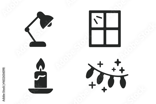 Writing Desk Lighting Vector Icons Set. Desk Lamp, Window Natural Light, Burning Candle, String Fairy Lights. Illumination Concepts for Home Office, Study Room, Workspace, Cozy Interior Elements