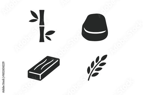 Zen Material Icons Set. Solid Filled Symbols of Natural Raw Materials for Zen Interior Design. Bamboo Stalk, Stone Slab, Wooden Plank, Rice Grain Vector Illustration for Eco Decor Concepts