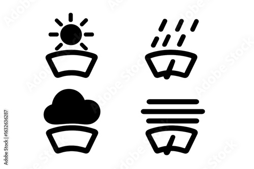 Weather Road Icons Set. Solid Style Car Windshield Weather Symbols. Clear Sunny Day, Rain, Cloudy, Fog. Automotive Dashboard Alert Vector Collection. Traffic Safety Weather Conditions Icons