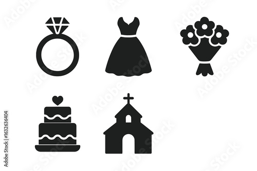 Wedding ceremony icon set. Solid filled vector symbols for marriage event: engagement ring, bridal dress, flower bouquet, wedding cake, church chapel. Modern wedding decoration clipart.