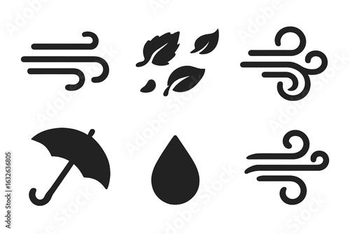 Windy weather icons set. Solid filled autumn wind vector symbols. Blowing gust, swirling air, flying leaves, umbrella, raindrop. Seasonal fall breeze, climate, storm forecast, rainfall design elements