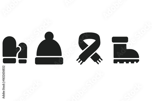 Winter Clothing Accessories Vector Icons Set. Warm Solid Silhouette Illustrations of Mittens, Beanie Hat, Scarf, Boots. Children’s Cold Weather Apparel. Seasonal Outfit Essentials Isolated Design