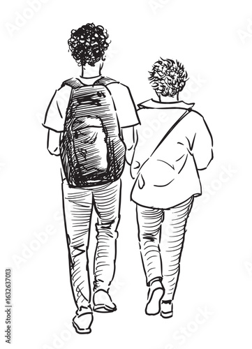 Couple teen students, casual city pedestrians walking outdoors in summer, back view, realistic sketch, contour drawing, vector illustration