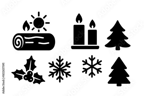 Winter solstice celebration icons set. Solid filled icons of Yule log, candles, holly leaves, snowflakes, evergreen Christmas trees. Seasonal holiday vector collection. Winter symbols illustration.