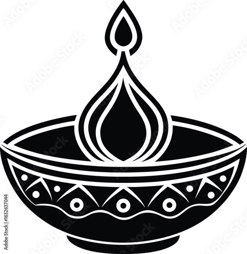 Traditional Indian diva oil lamp with decorative patterns silhouette vector illustration eps 