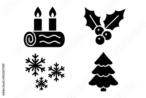 Winter solstice icons vector set. Solid filled holiday symbols. Yule log with candles, holly leaves and berries, snowflakes, Christmas evergreen tree. Seasonal celebration clipart elements