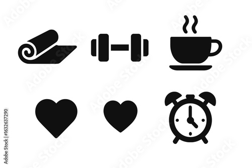 Work-life balance icons set. Solid yoga mat, dumbbell, steaming coffee cup, heart, alarm clock symbols. Fitness, health, mindfulness, self-care, exercise, wellness, routine, time management vector